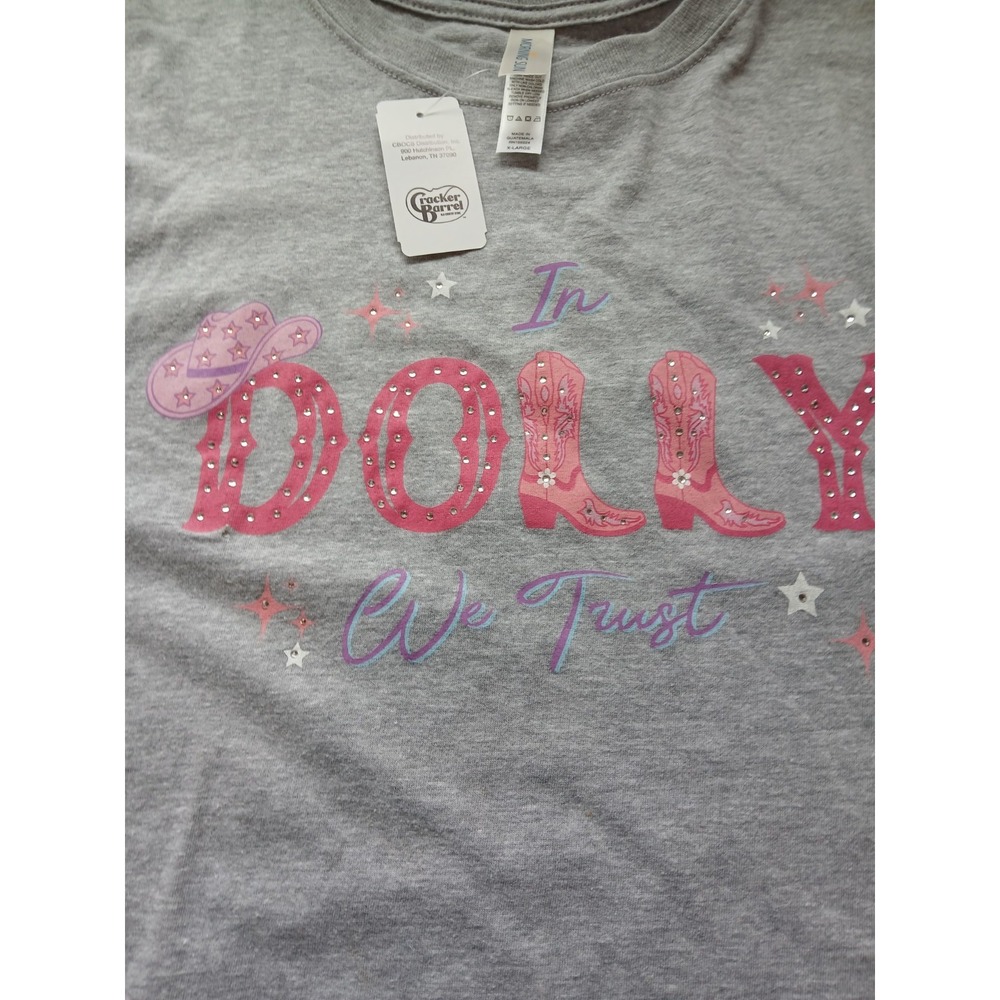 Dolly Parton In Dolly We Trust T Shirt XL New Gray Pink Rhinestone Graphic